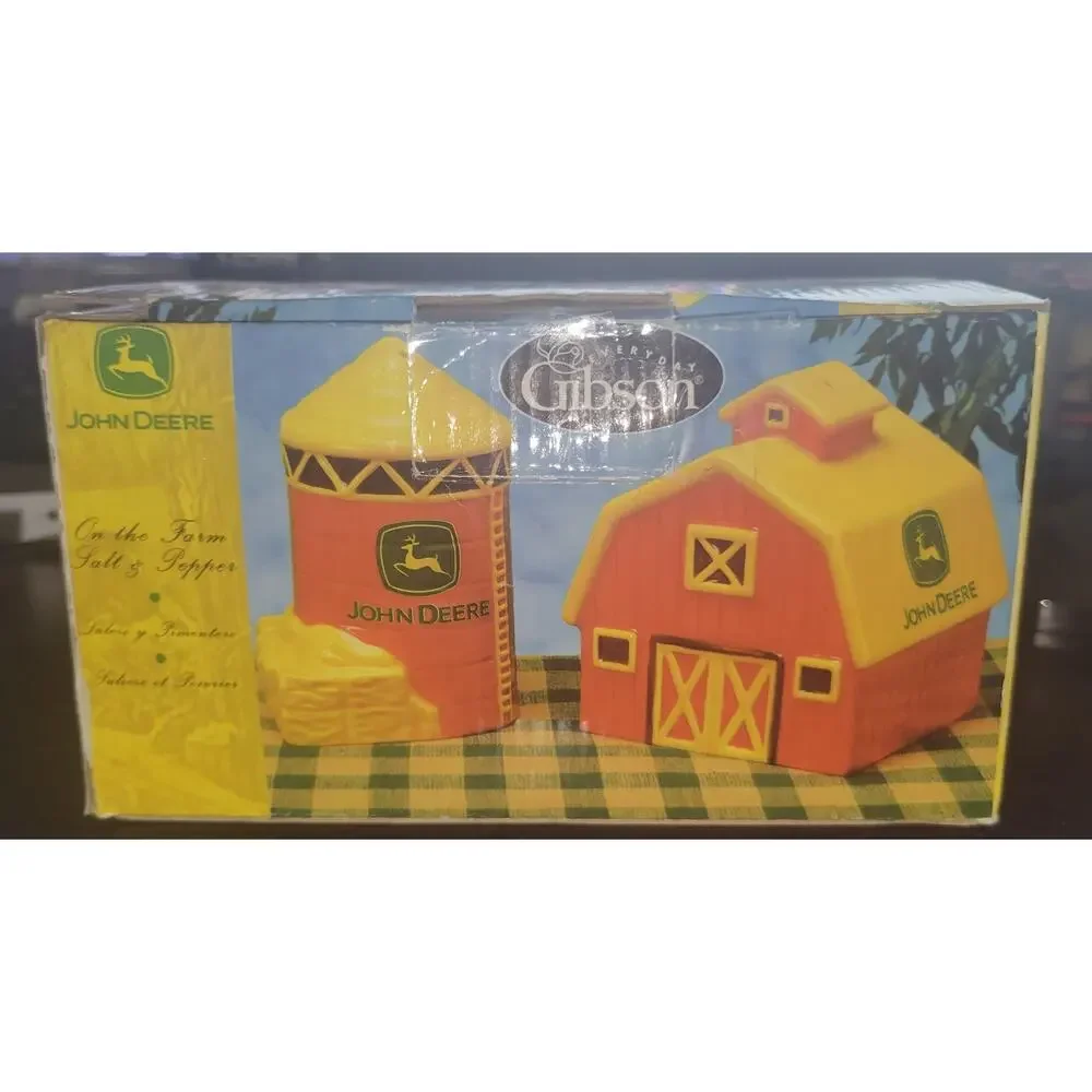 Vtg Ceramic John Deere Salt Pepper Shakers Barn Silo Red Yellow 2002 Orig. Box